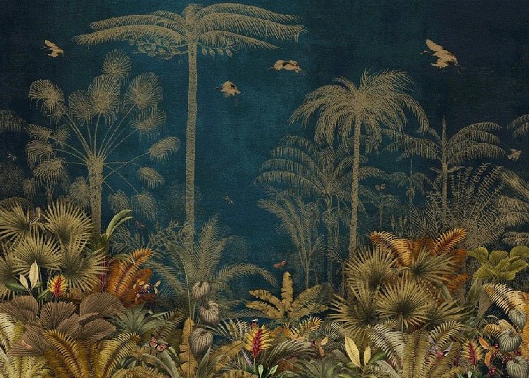 Blue jungle engraving wallpaper