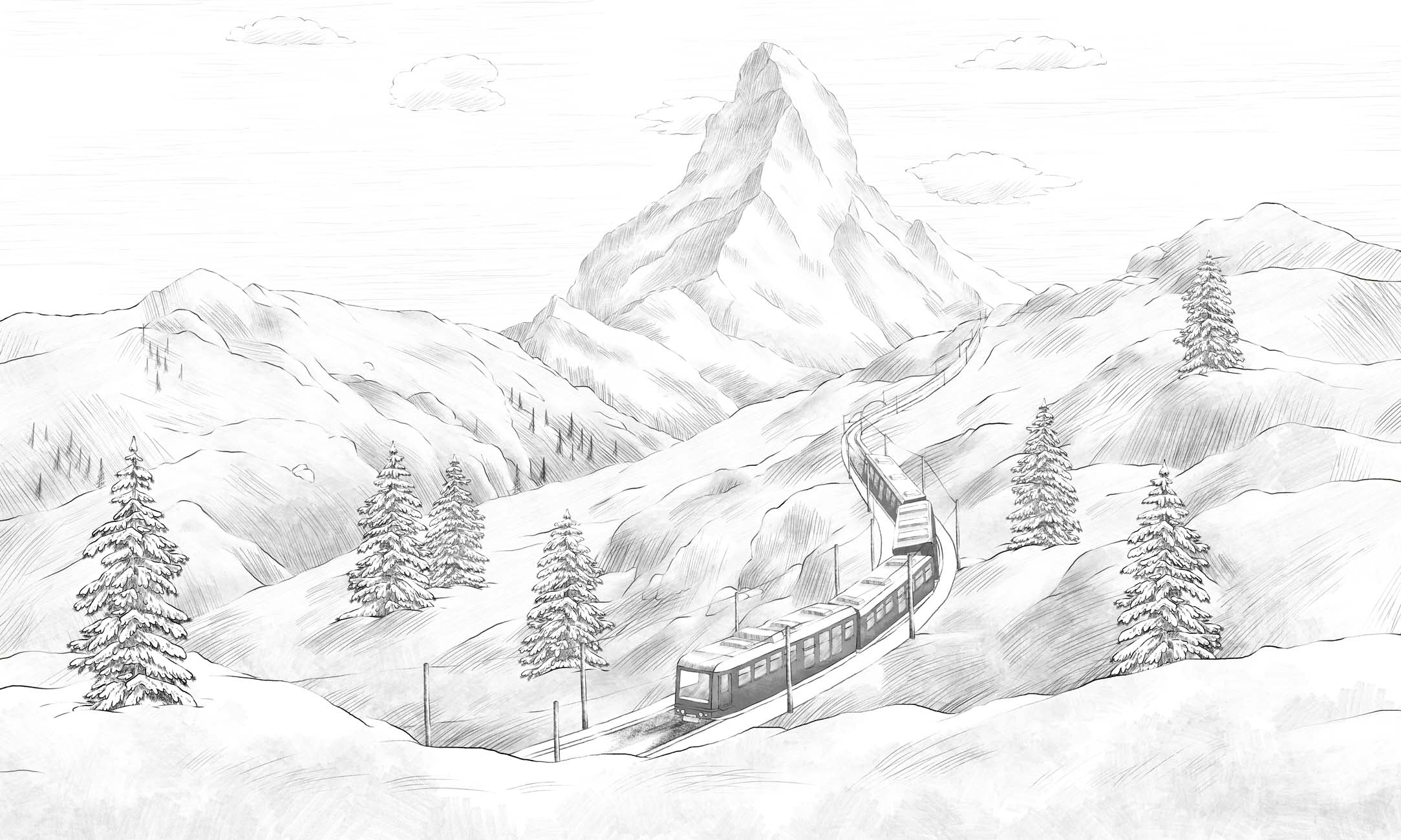 Papier peint panoramique Mont Cervin noir et blanc, XXL, tendance