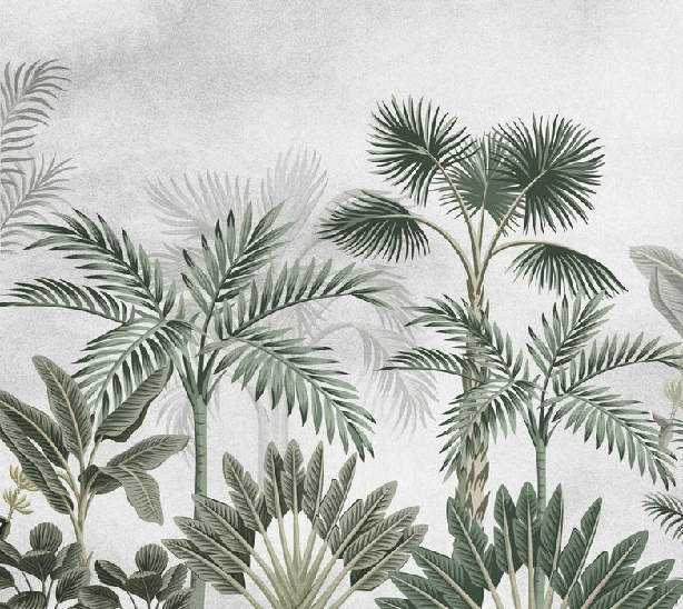 Trendy jungle wallpaper with exotic trees