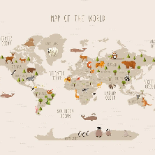Illustrated world map Animals beige