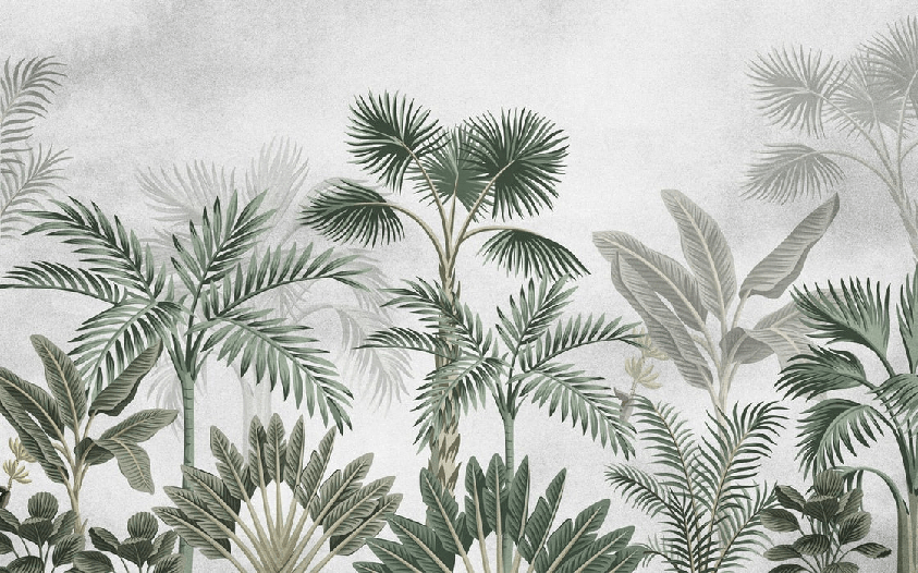 Trendy jungle wallpaper with exotic trees