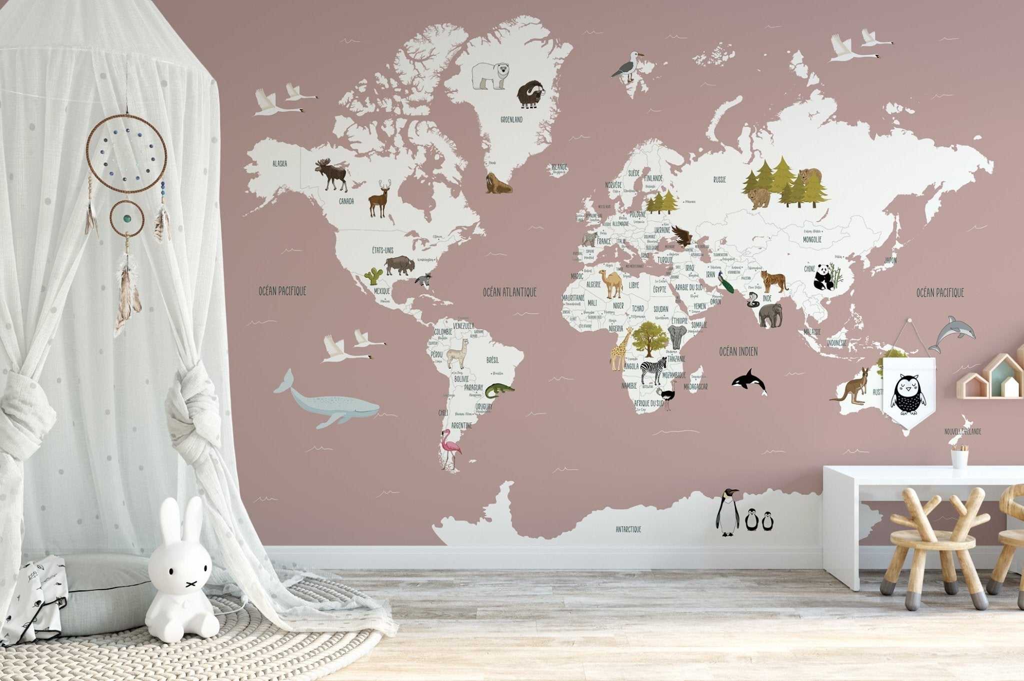 Papier peint Carte du monde en Francais enfant vieux rose, mural concept, tendance