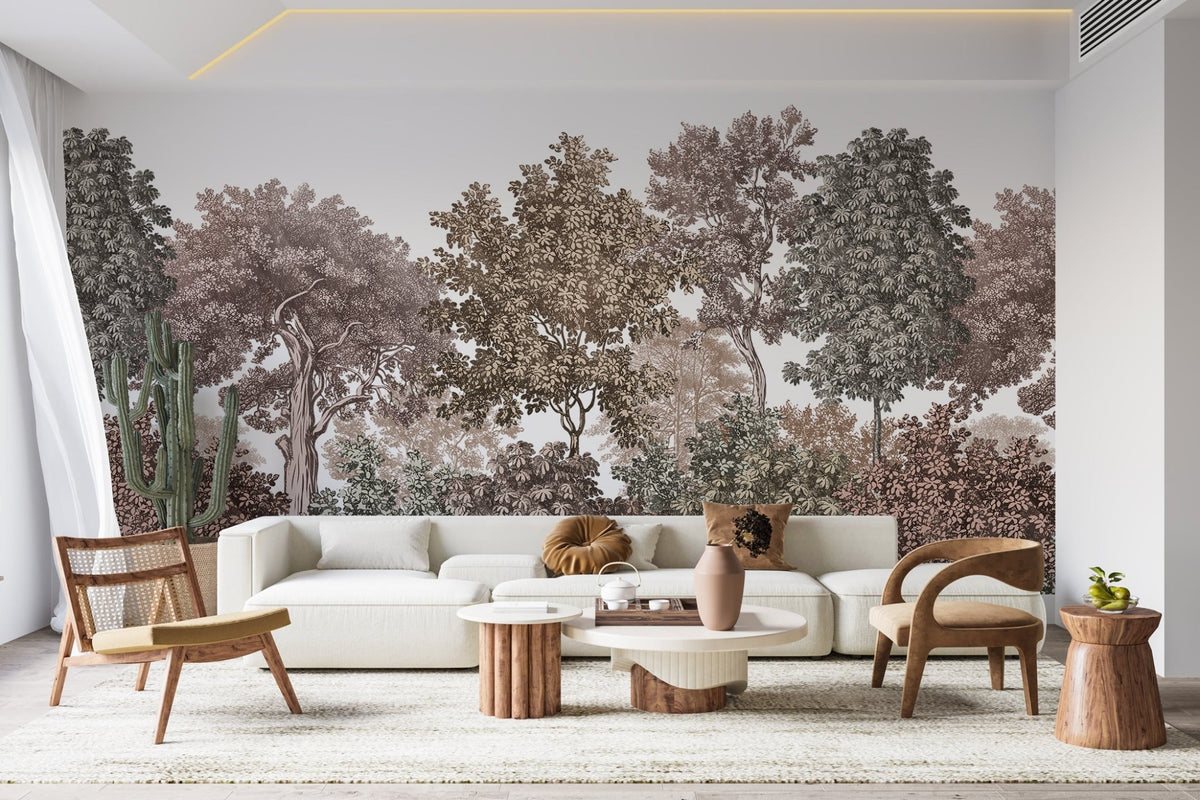 Landscape wallpaper forest engraving rosé