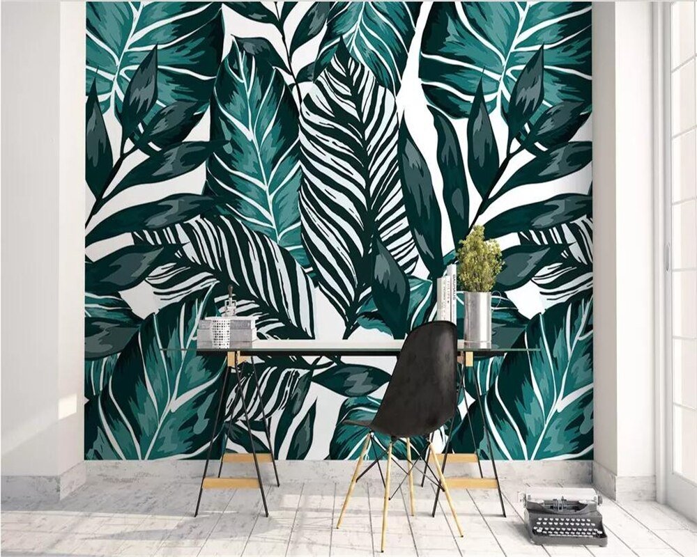 Peacock blue non-woven leaf wallpaper
