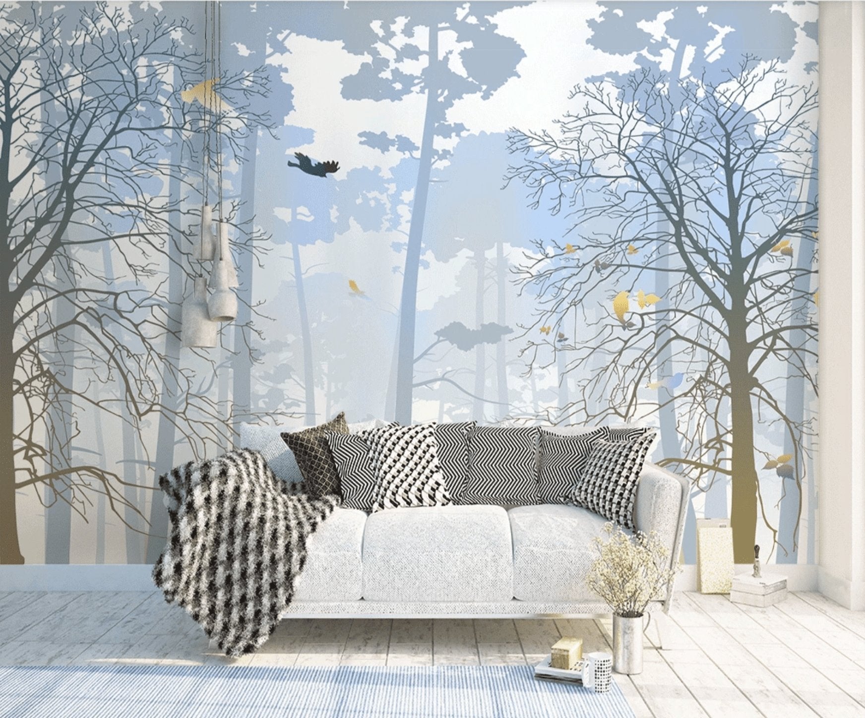 Papier peint nature forêt bleu & fraîcheur de l'aube - papier peint sur mesure francais - muralconcept
