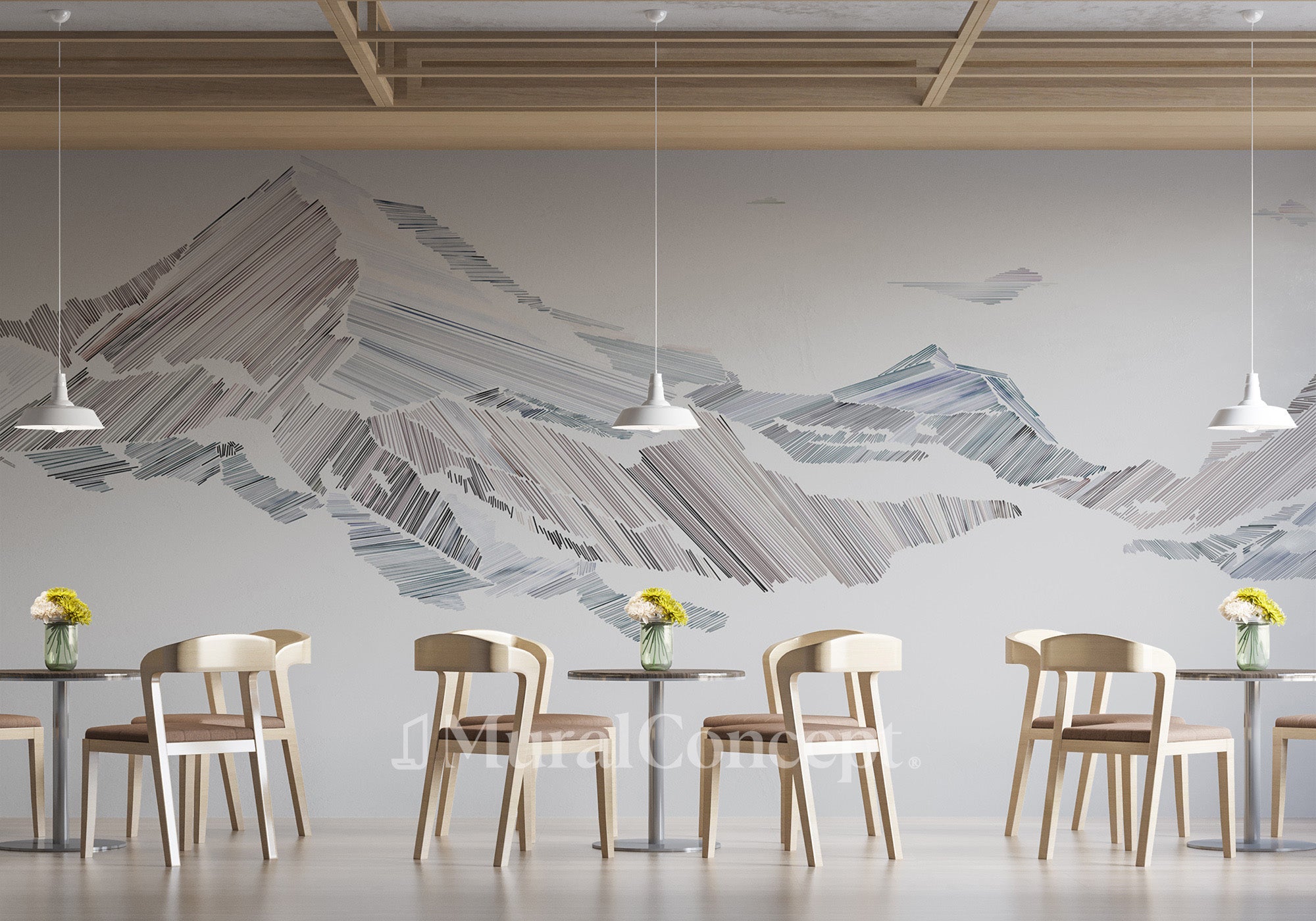 Papier peint restaurant montagne graphique style - panoramique français