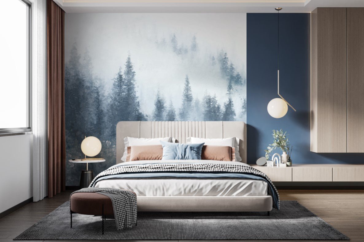 Papier peint sapin brume bleu aquarelle - Muralconceptpapier_peint_sur_mesure