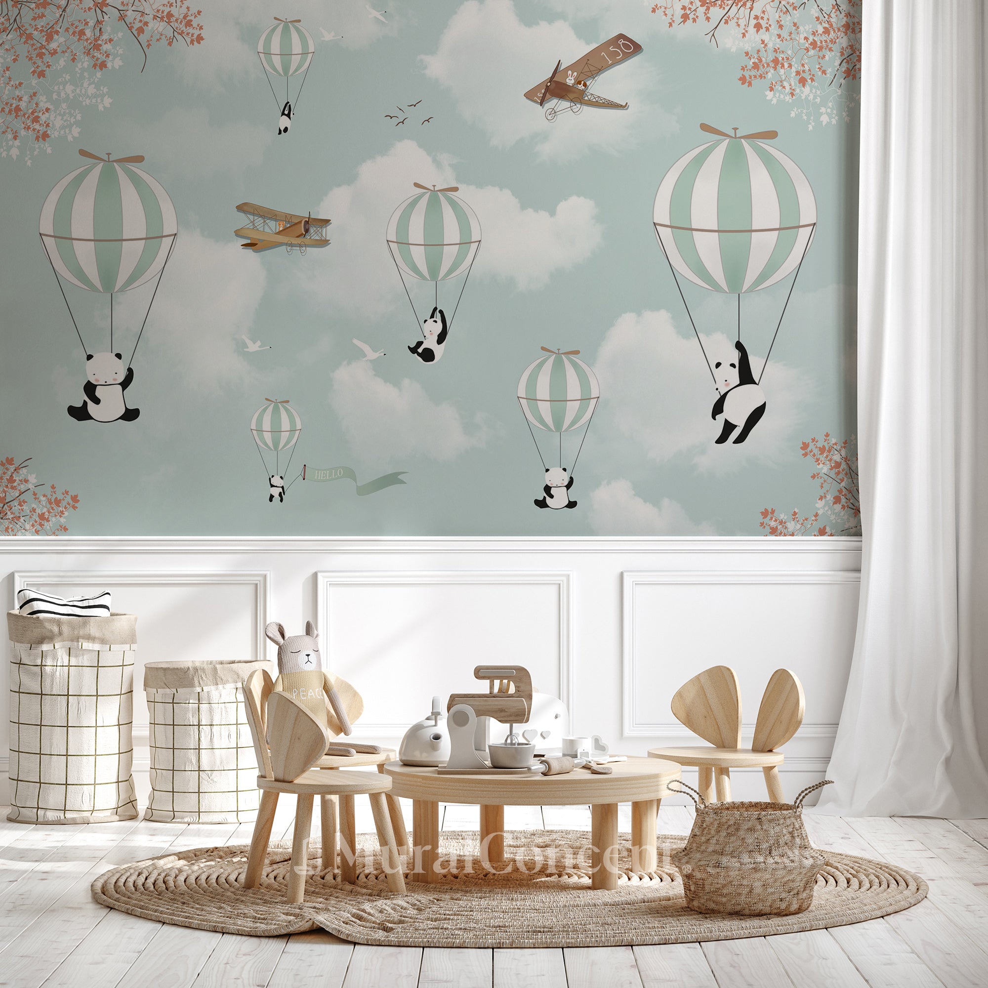 Papier peint panda nuage et decor mural sur mesure