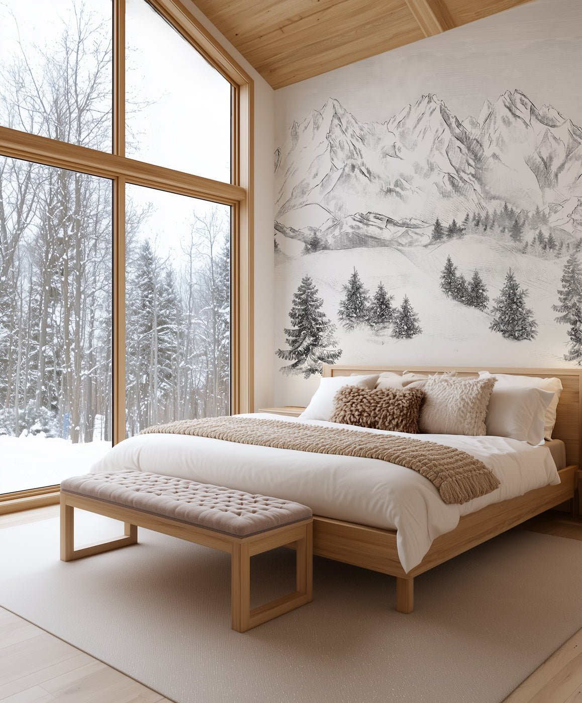 Cozy bedroom with mountain mural and large windows overlooking a snowy landscape.