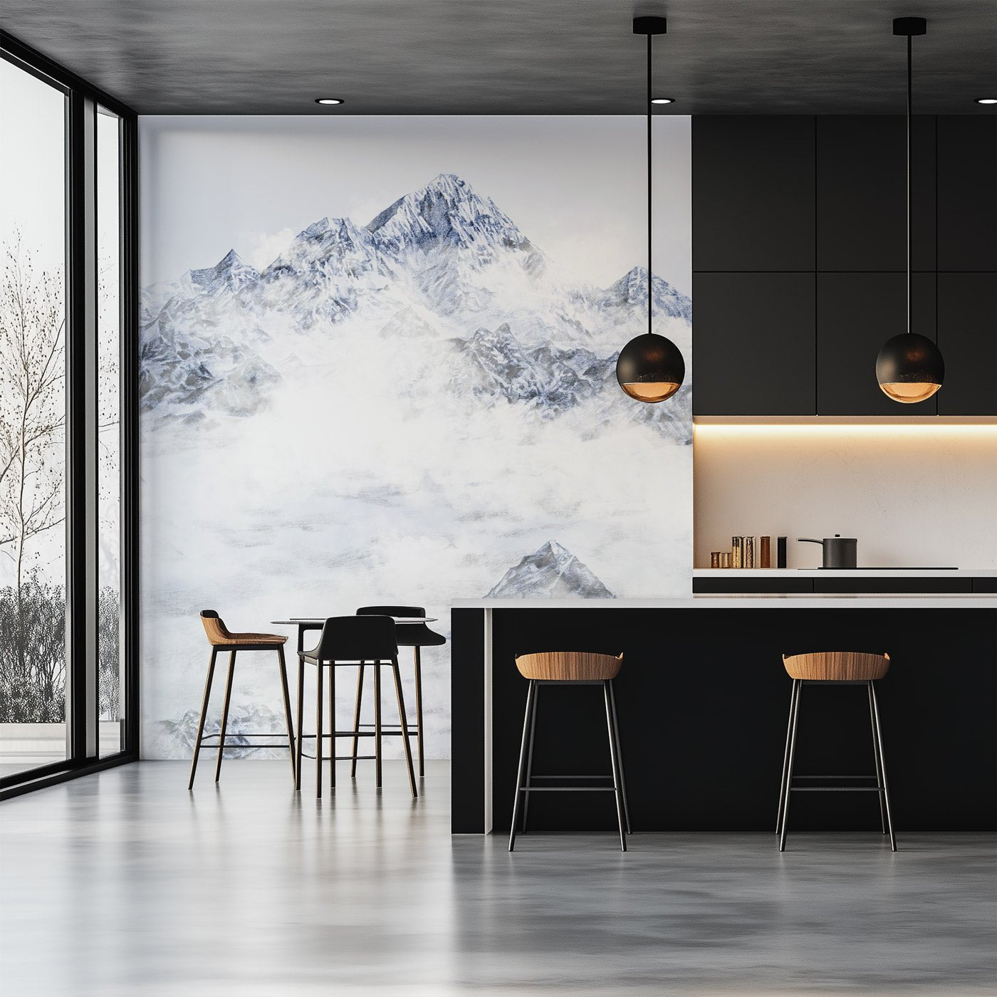 Modern kitchen with mountain mural and sleek black furniture.