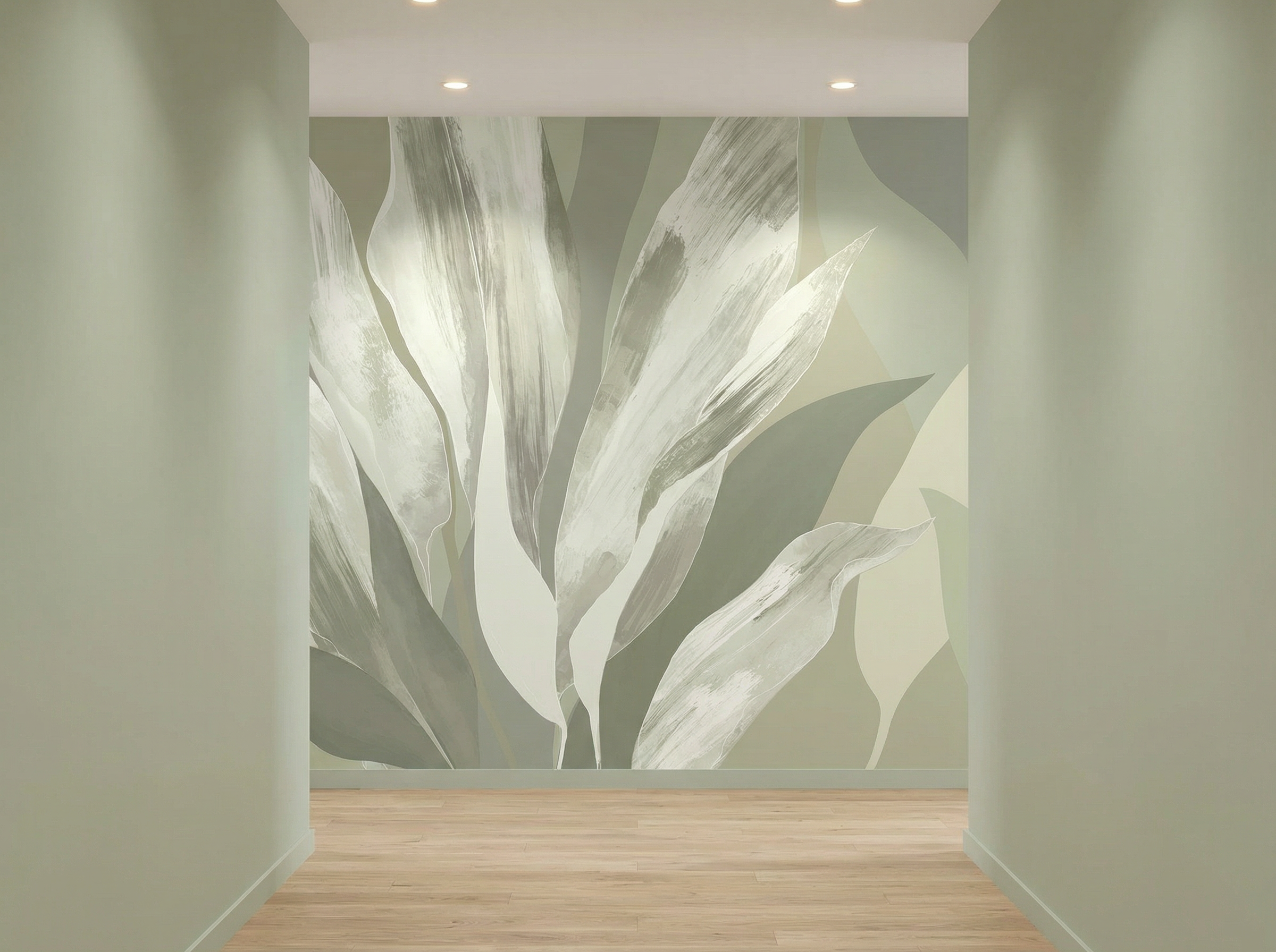 A hallway with a decorative leaf mural on the wall.