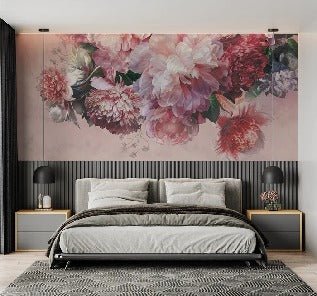 Papier peint panoramique pivoines rosé, mural concept, tendance