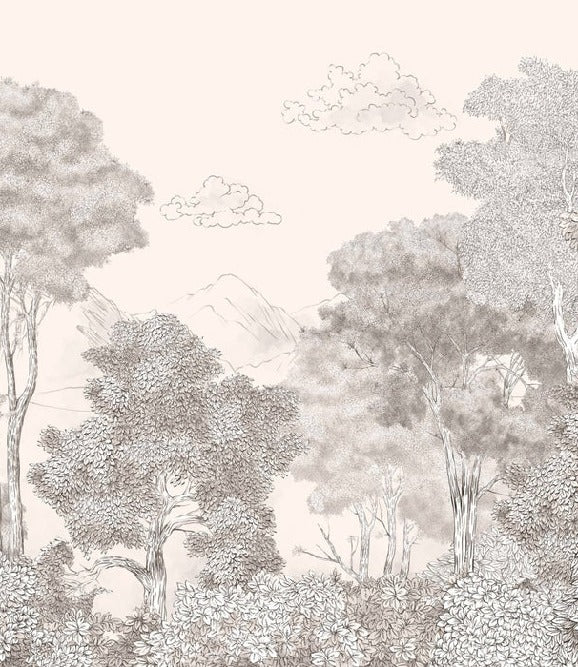 Panoramatapete Wälder und Berge mit Bleistift Beige