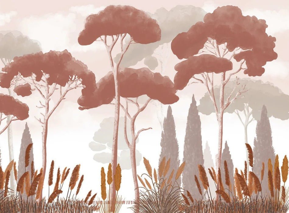 Papier peint cyprès pins et herbes de la pampa terracotta, XXL, tendance