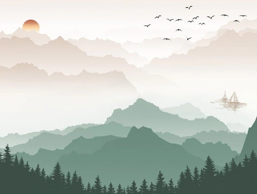 Papier peint montagne dans brume terracotta, XXL, tendance