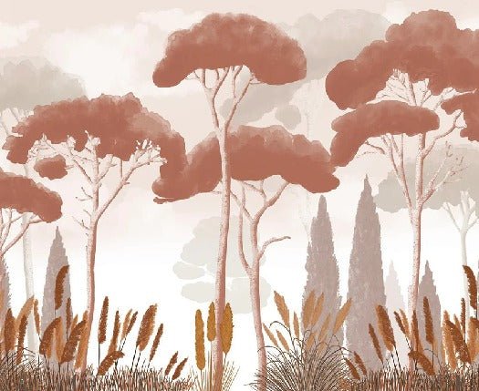 Papier peint cyprès pins et herbes de la pampa terracotta, XXL, tendance