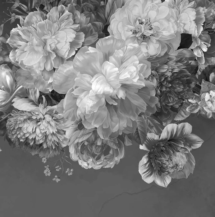 Tapete Pfingstrosenblüte schwarz und weiß