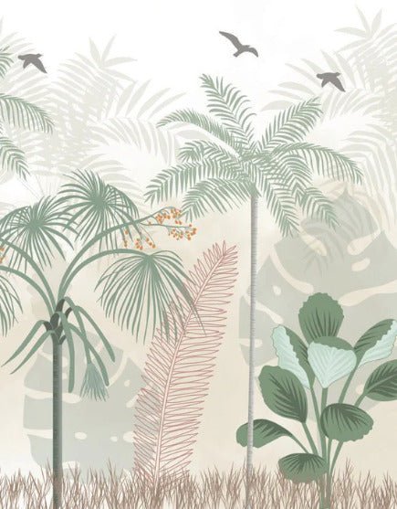 Papel pintado selva panorámica en tonos pastel