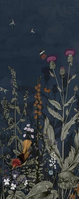 Papel pintado panorámico floral azul noche