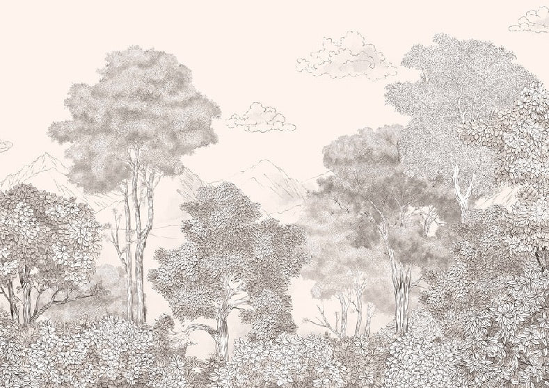 Panoramatapete Wälder und Berge mit Bleistift Beige