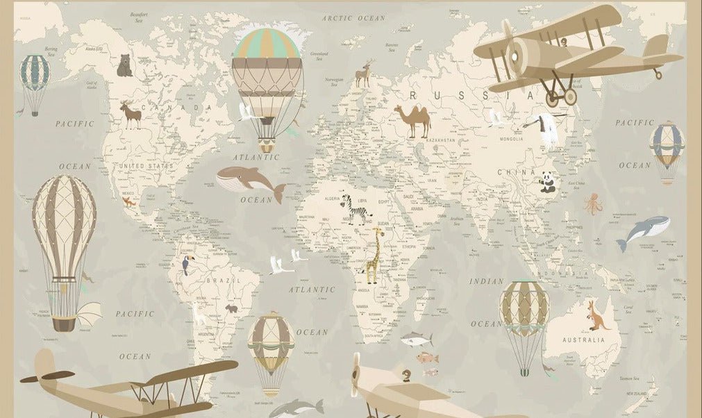 Papier peint enfant carte du monde aviateur, XXL, tendance