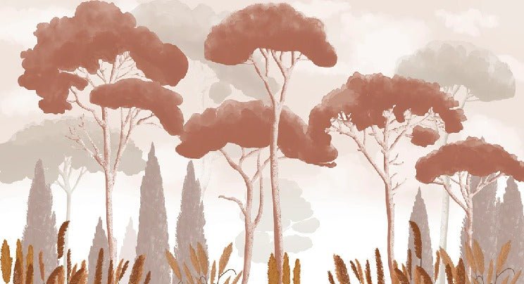 Papel pintado terracota de ciprés, pino y hierba de la pampa