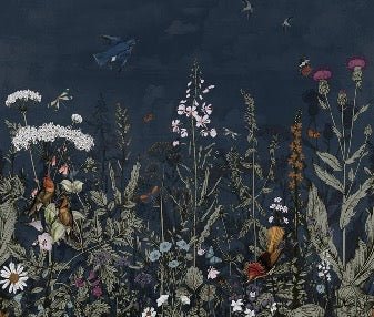 Papel pintado panorámico floral azul noche