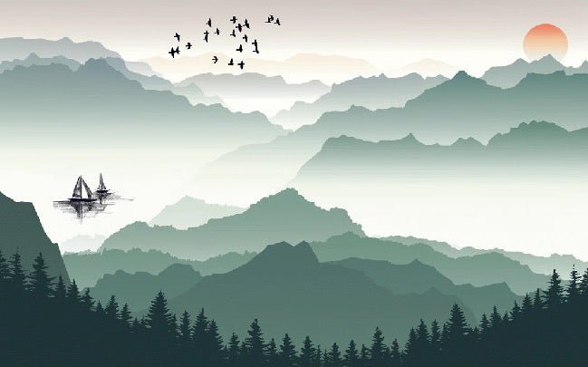 Tapete Berge und Segel auf dem See