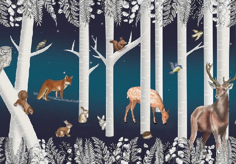 Papel pintado infantil Bosque encantado y sus animales Noche estrellada