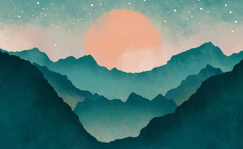 Papier peint sur mesure montagne brume turquoise