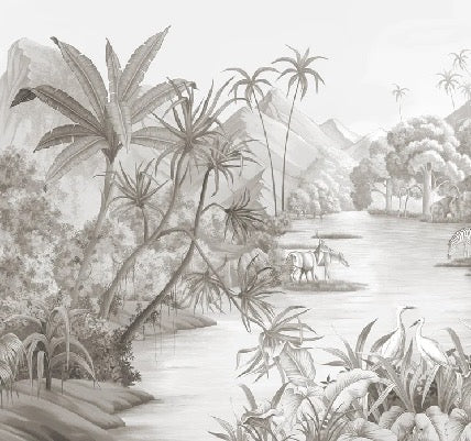 Papier peint panoramique jungle pittoresque, mural concept, tendance