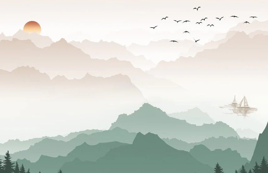 Papier peint montagne dans brume terracotta