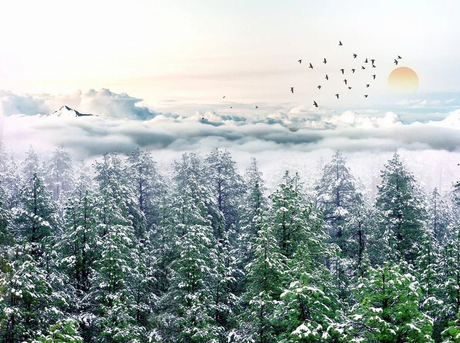 Papier peint panoramique intissé forêt de sapin neige