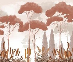 Papel pintado terracota de ciprés, pino y hierba de la pampa