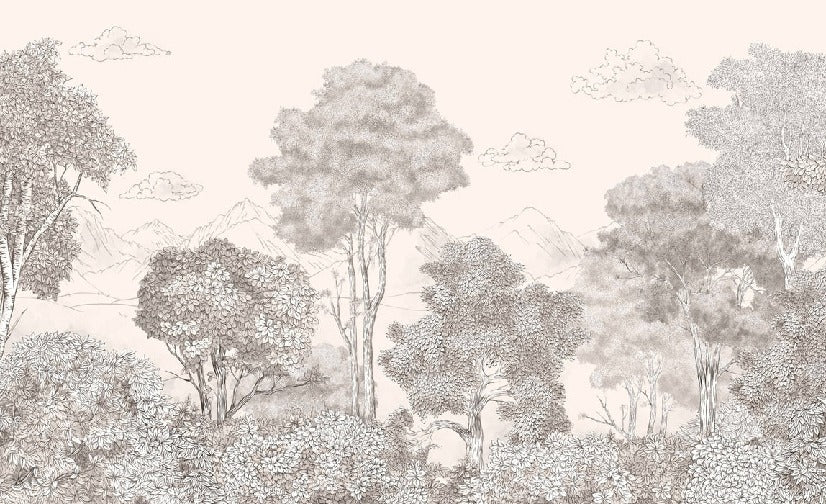 Panoramatapete Wälder und Berge mit Bleistift Beige