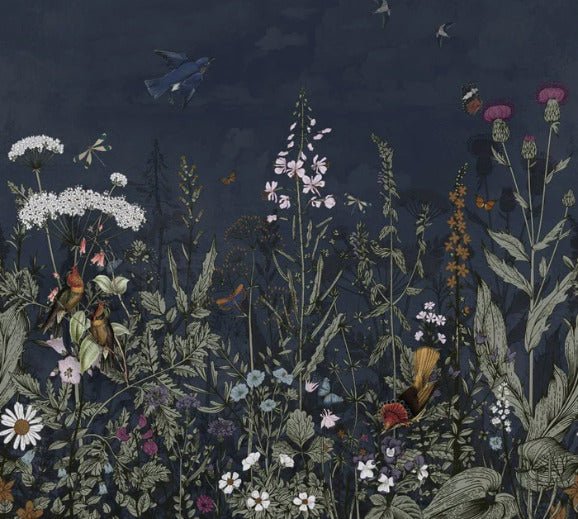 Papel pintado panorámico floral azul noche