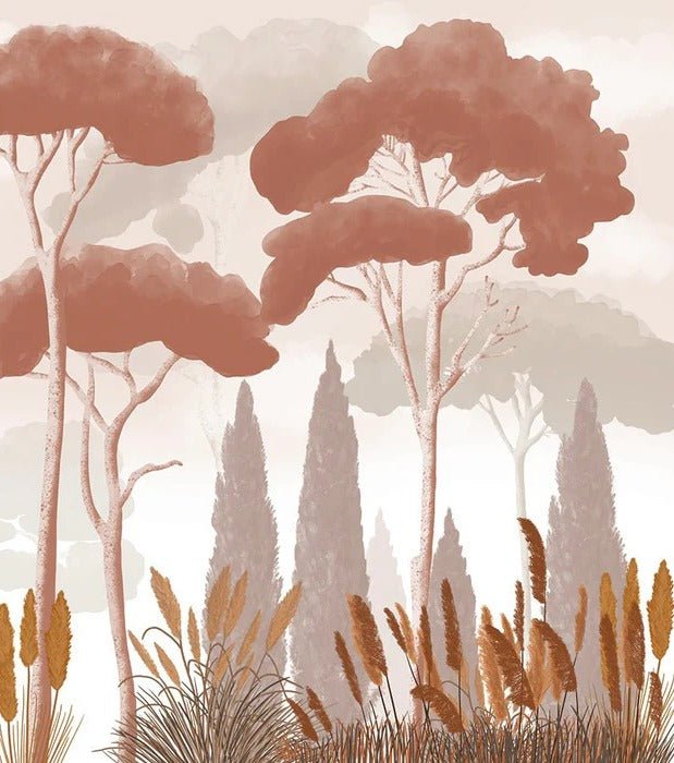 Papel pintado terracota de ciprés, pino y hierba de la pampa