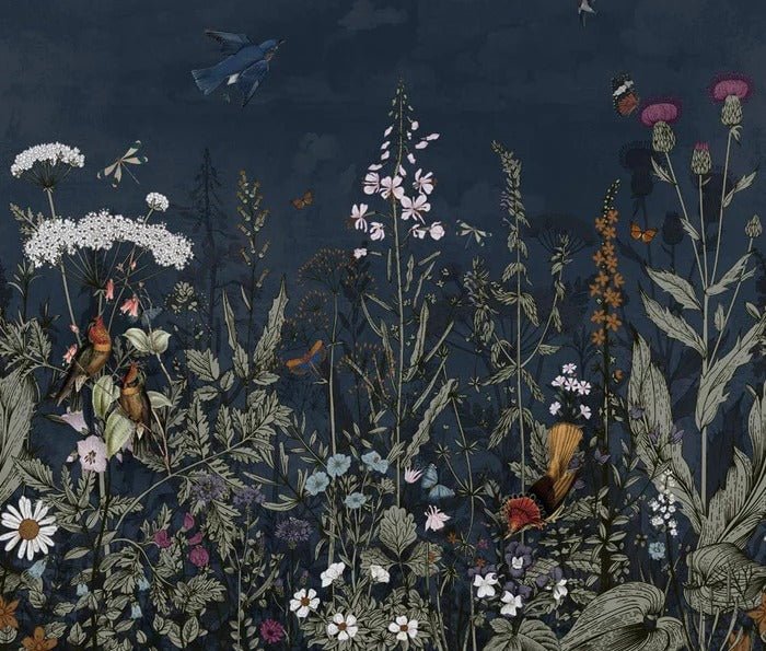 Papel pintado panorámico floral azul noche