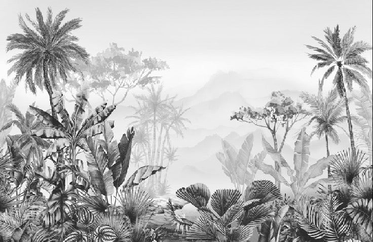 Carta da parati tropicale in bianco e nero di tendenza