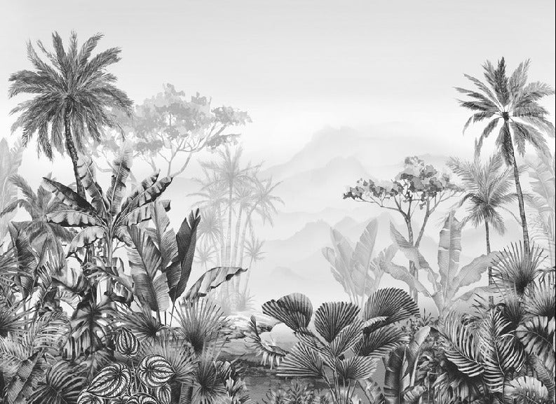 Papier peint tendance tropical noir et blanc, mural concept, tendance