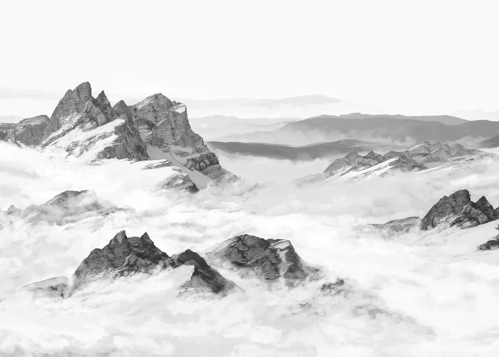 Carta da parati panoramica in bianco e nero sulle montagne