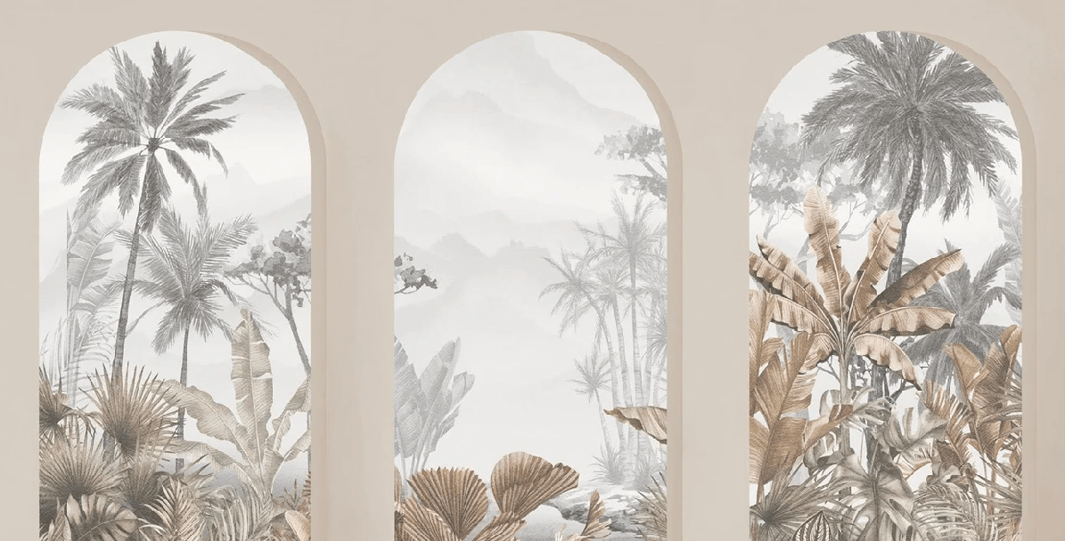 Papier Peint Panoramique Arches Tropicales Sépia - H280cm x L550cm - Matière Softouch