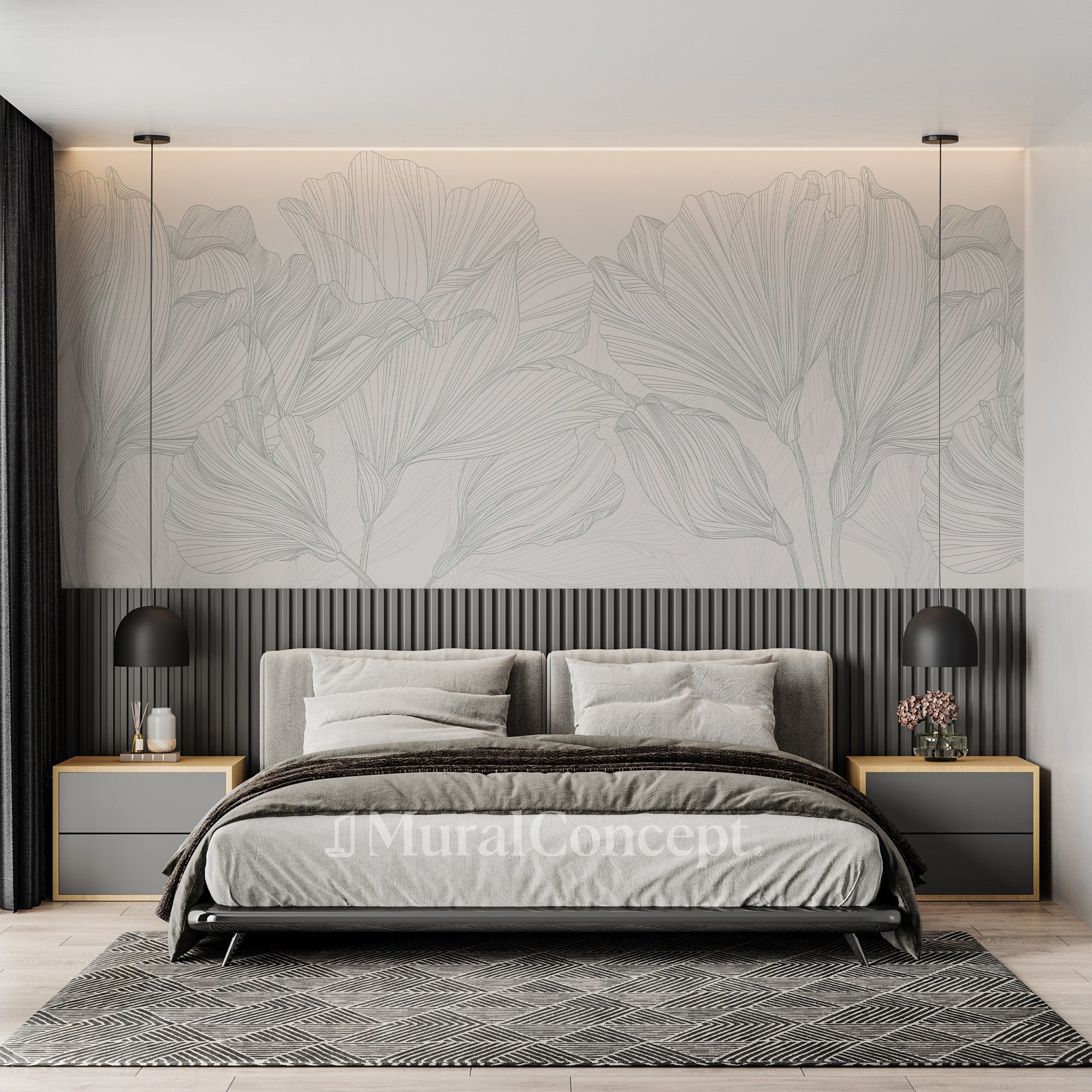 Papier peint panoramique gris et blanc valse des fleurs, XXL, tendance