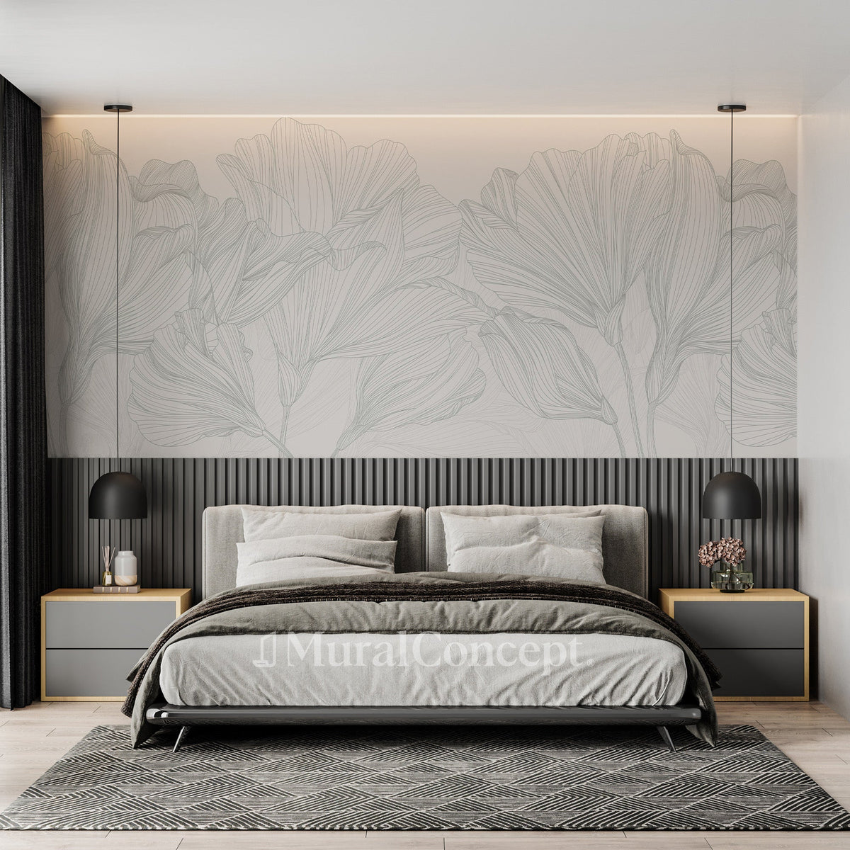 Carta da parati panoramica Valzer di fiori in bianco e grigio