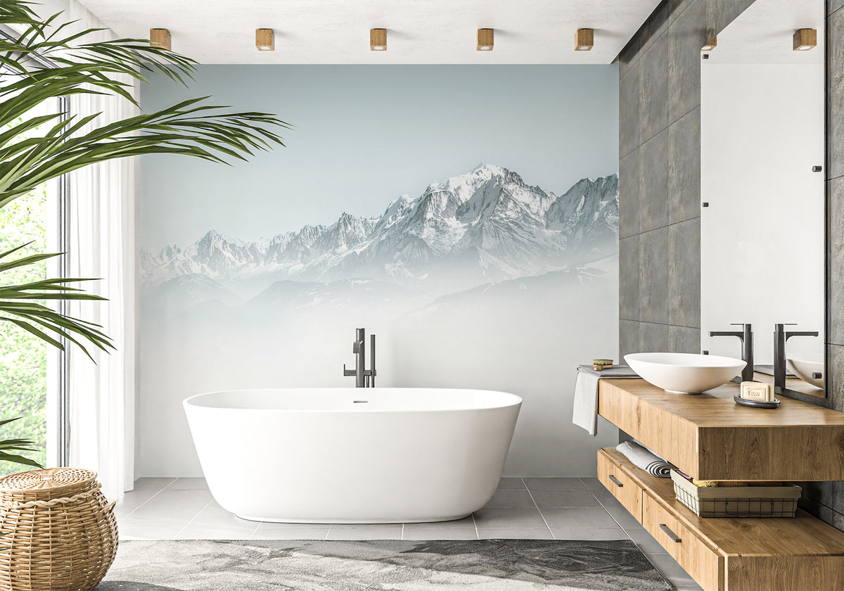 Carta da parati per bagno Mont Blanc in blu nebbia