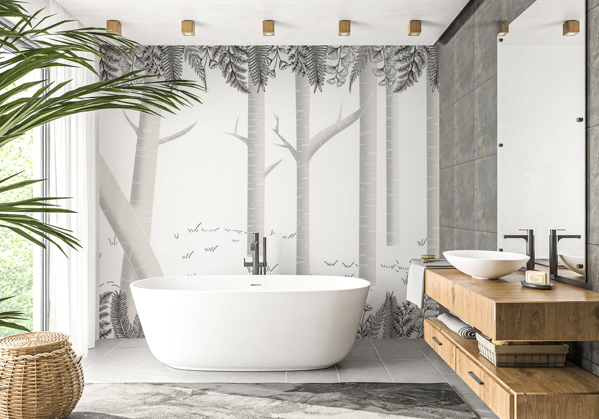 Papel pintado baño bosque abedul gris