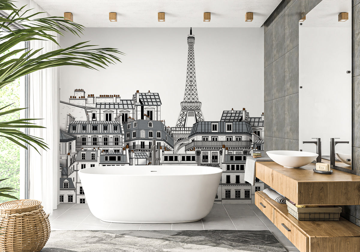 French bathroom wallpaper Parisian rooftops