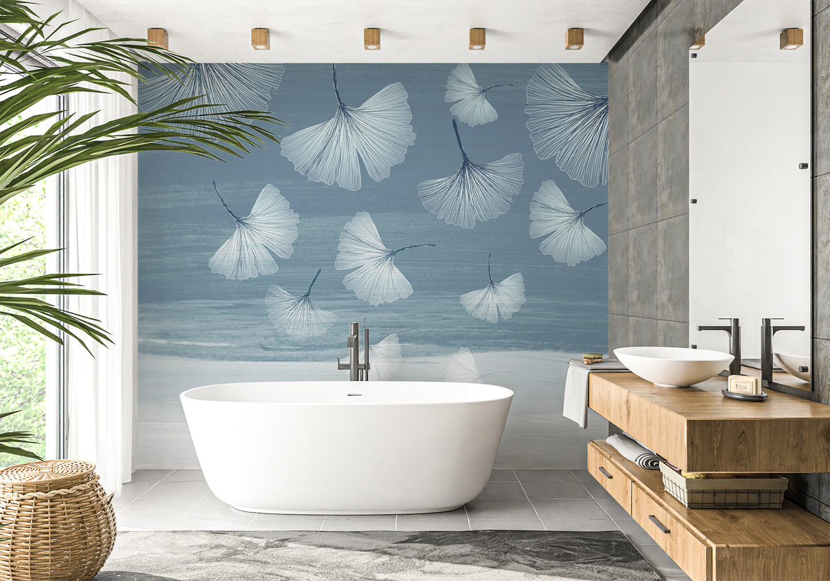 Papel pintado cuarto de baño japandi azul gingko