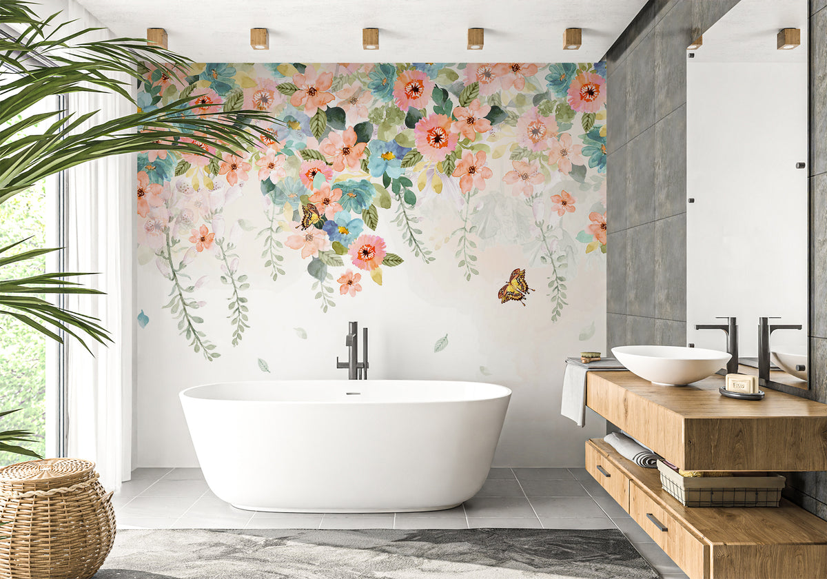 Summer flowers bathroom wallpaper