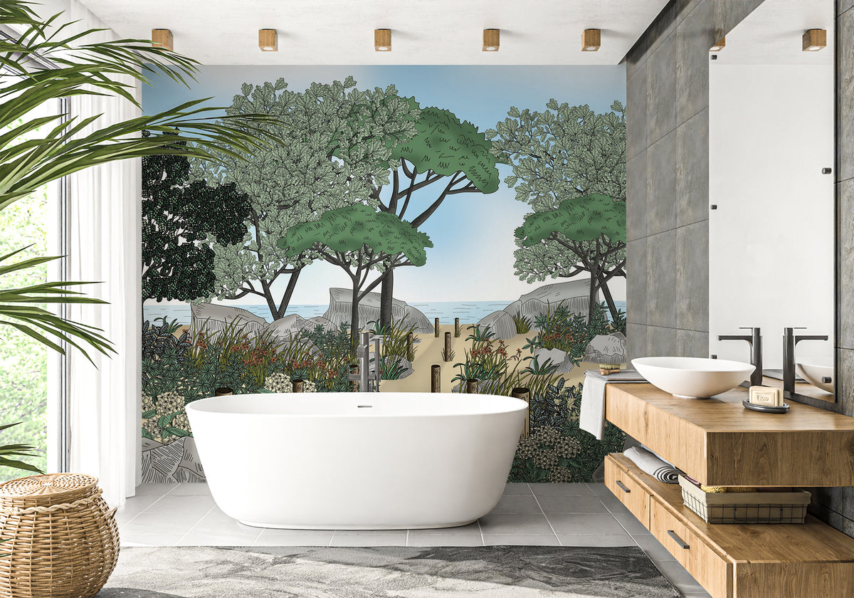 Papel pintado cuarto de baño paisaje Francia playa